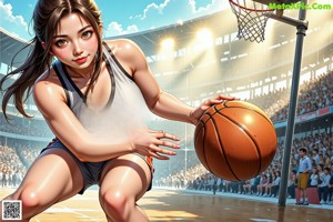 A woman holding a basketball in front of a basketball hoop.